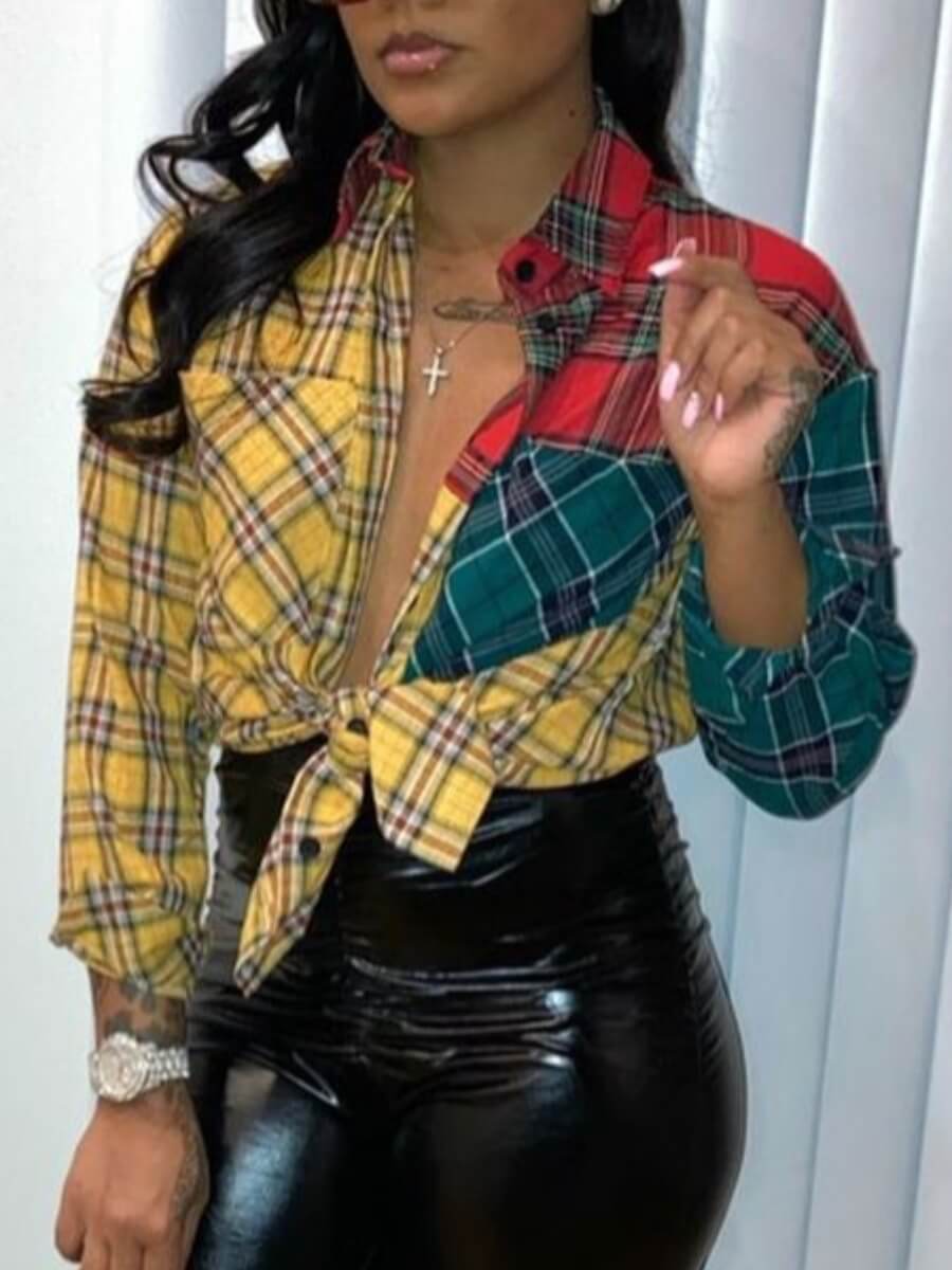 

Lovely Street Turndown Collar Patchwork Yellow Blouse