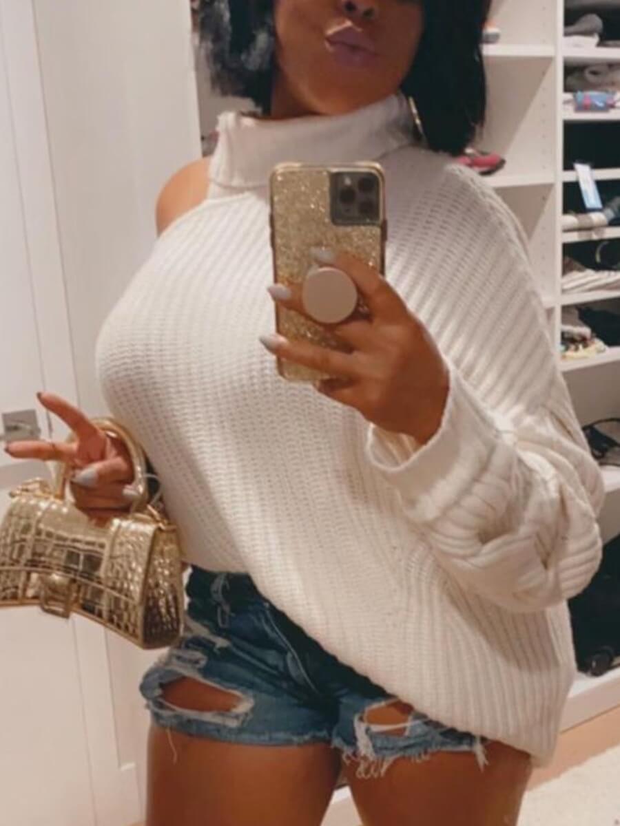 

Lovely Street Turtleneck One Shoulder Loose White Sweater