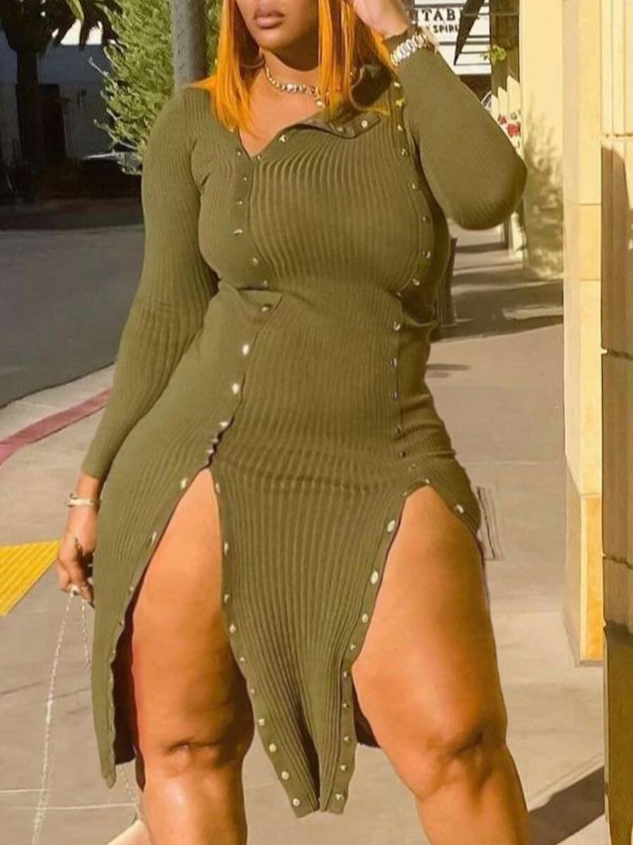 

LW BASICS Plus Size Sexy Buttons Design Army Green Knee Length Dress