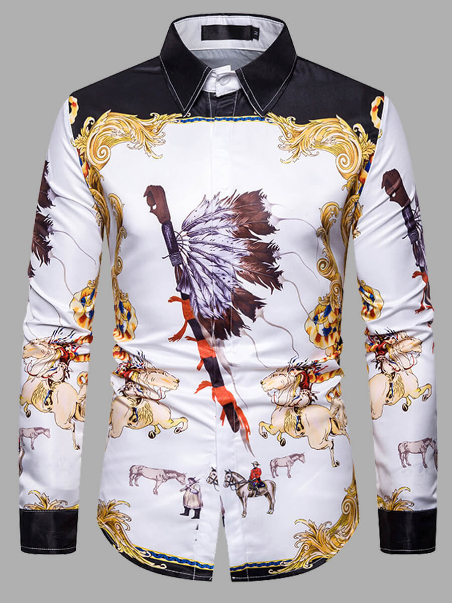 

Lovely Street Turndown Collar Print Patchwork White Men Shirt