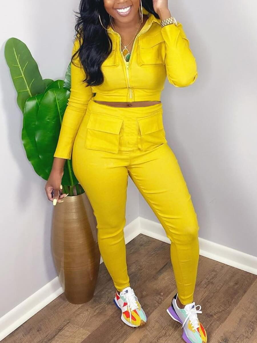 

Lovely Casual Turndown Collar Pocket Patched Yellow Two Piece Pants Set