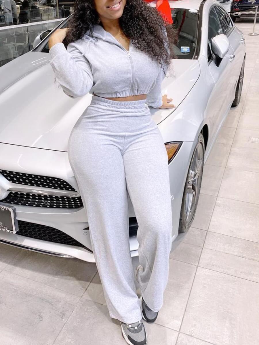 

Lovely Casual Hooded Collar Crop Top Grey Two Piece Pants Set