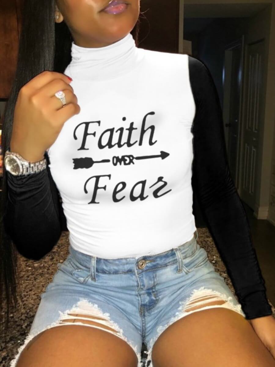 

LW Street Turtleneck Letter Print Patchwork Pitch-black T-shirt