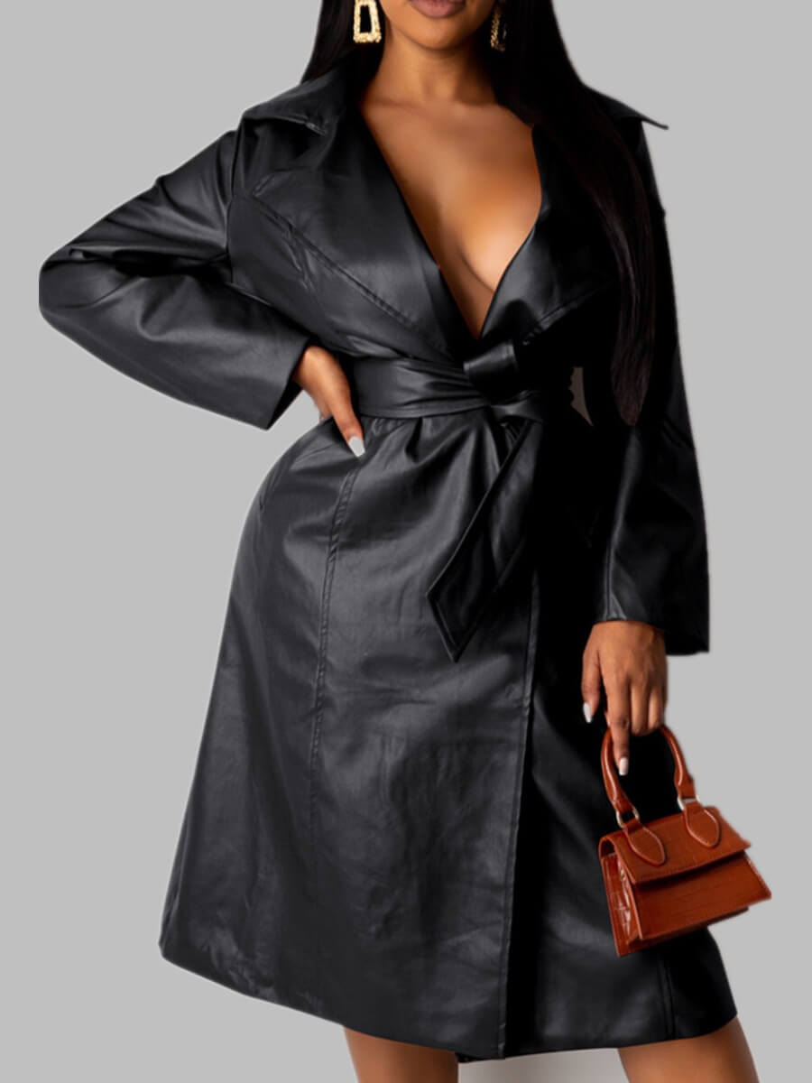 

Lovely Trendy Turndown Collar Basic Loose Black Leather