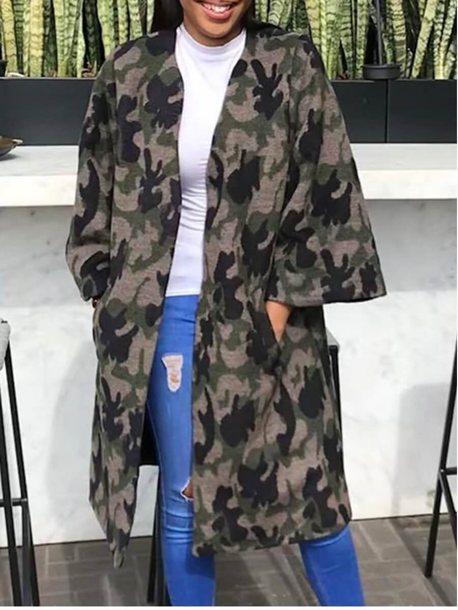 

Lovely Casual Camo Print Loose Grey Trench Coat