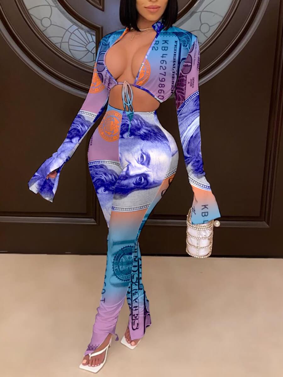

Lovely Casual Deep V Neck Print Patchwork Blue Two Piece Pants Set