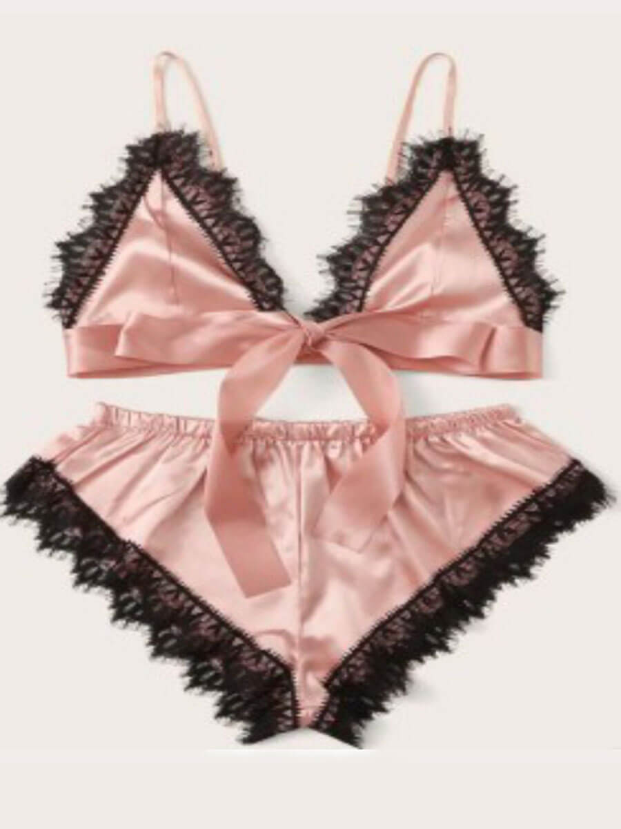 

Lovely Spaghetti Strap Lace Hem Pink Sleepwear