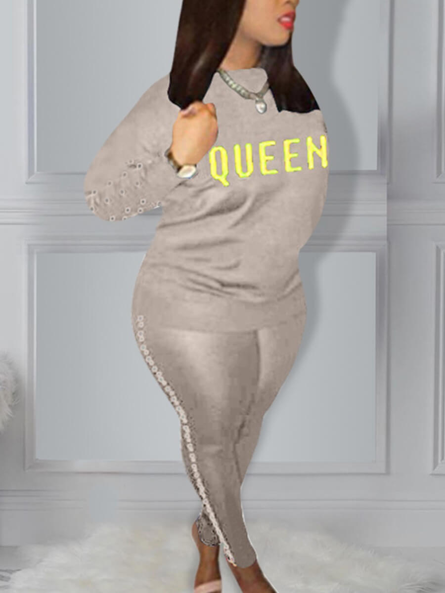 

Lovely Sportswear O Neck Letter Print Grey Plus Size Two-piece Pants Set