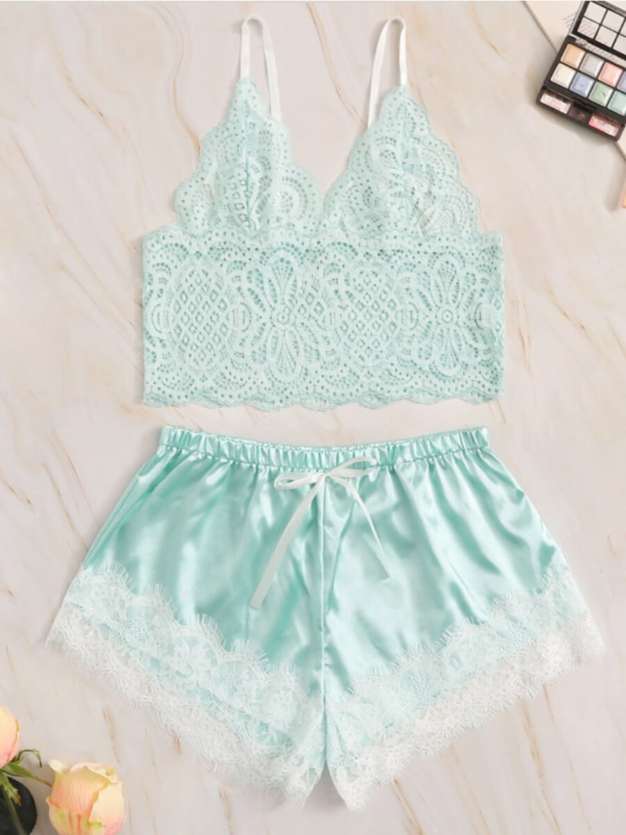 

Lovely Spaghetti Strap Lace Patchwork Blue Sleepwear