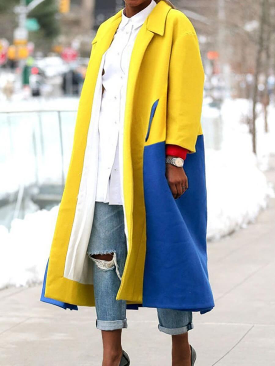 

Lovely Casual Turndown Collar Patchwork Yellow Plus Size Trench Coat
