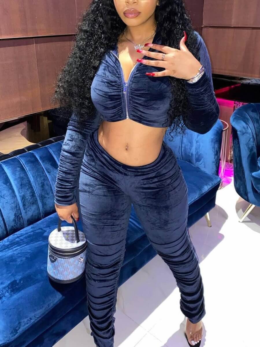 

Lovely Casual V Neck Fold Design Deep Blue Two Piece Pants Set