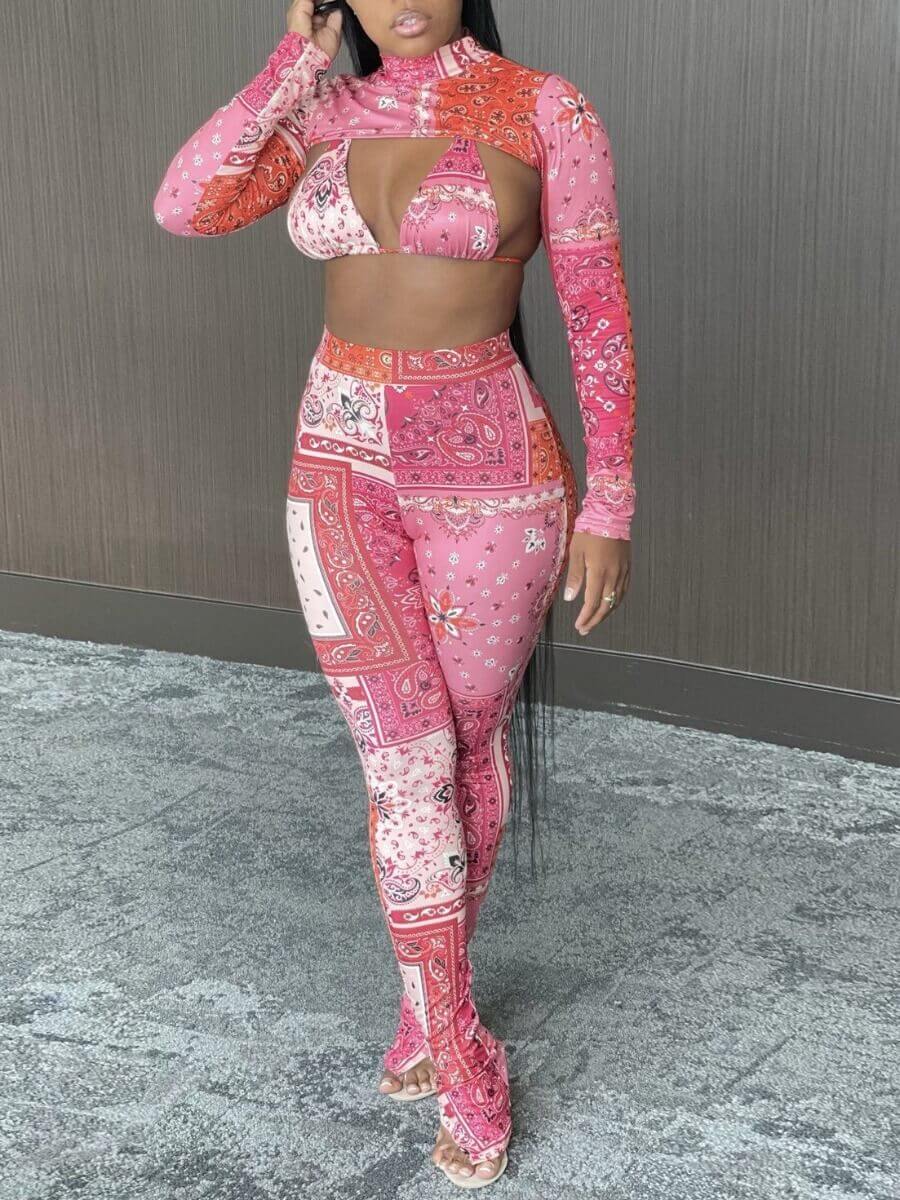 

Lovely Sexy Turtleneck Print Hollow-out Pink Two Piece Pants Set