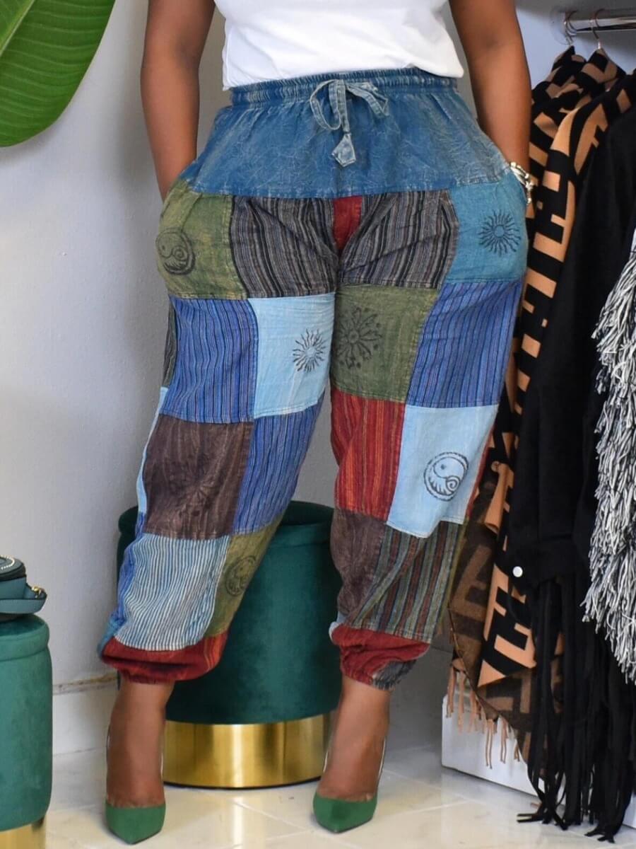 

Lovely Street Color-lump Patchwork Blue Pants