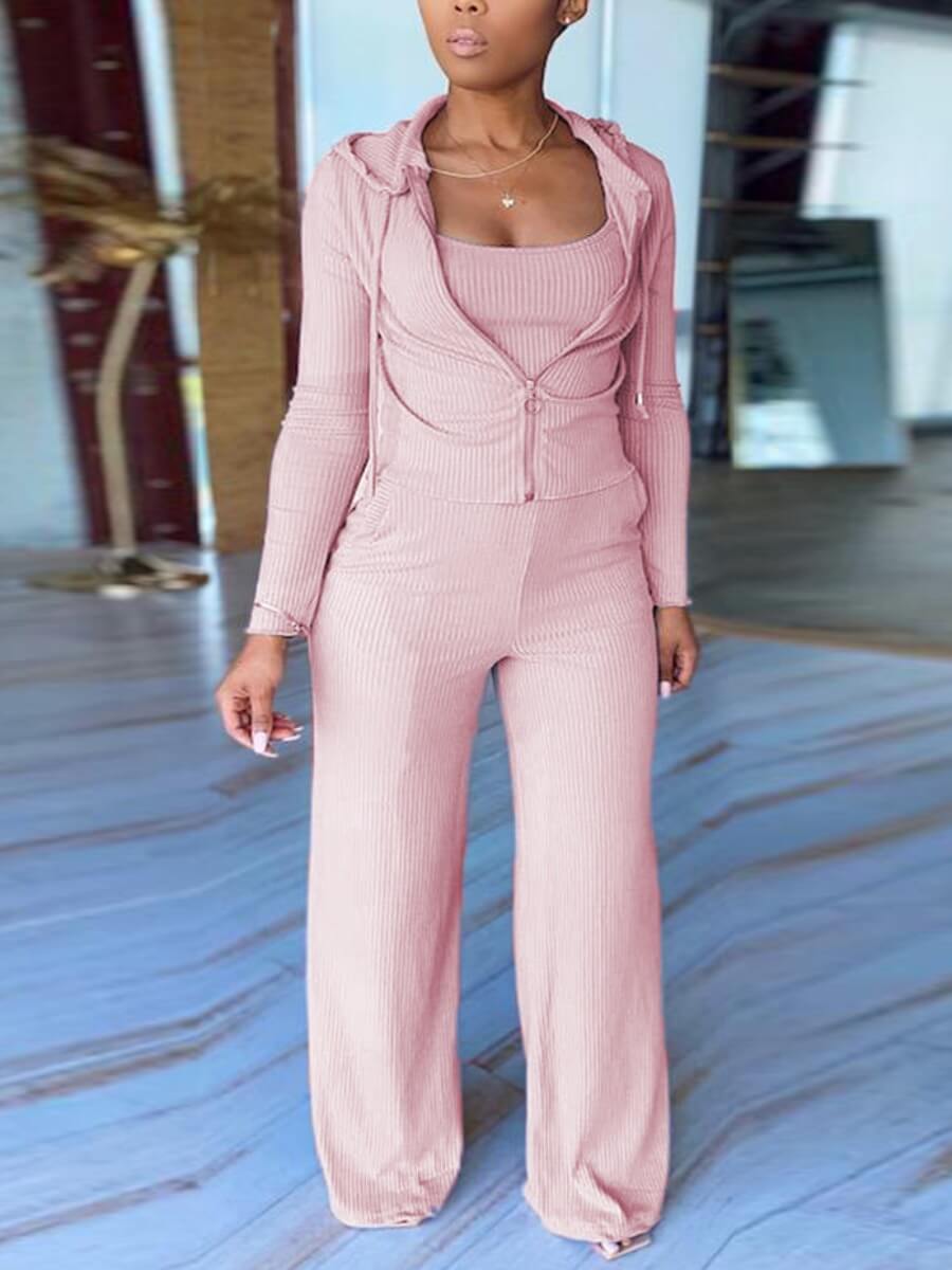 

Lovely Casual Hooded Collar Long Sleeve Pink Three Piece Pants Set