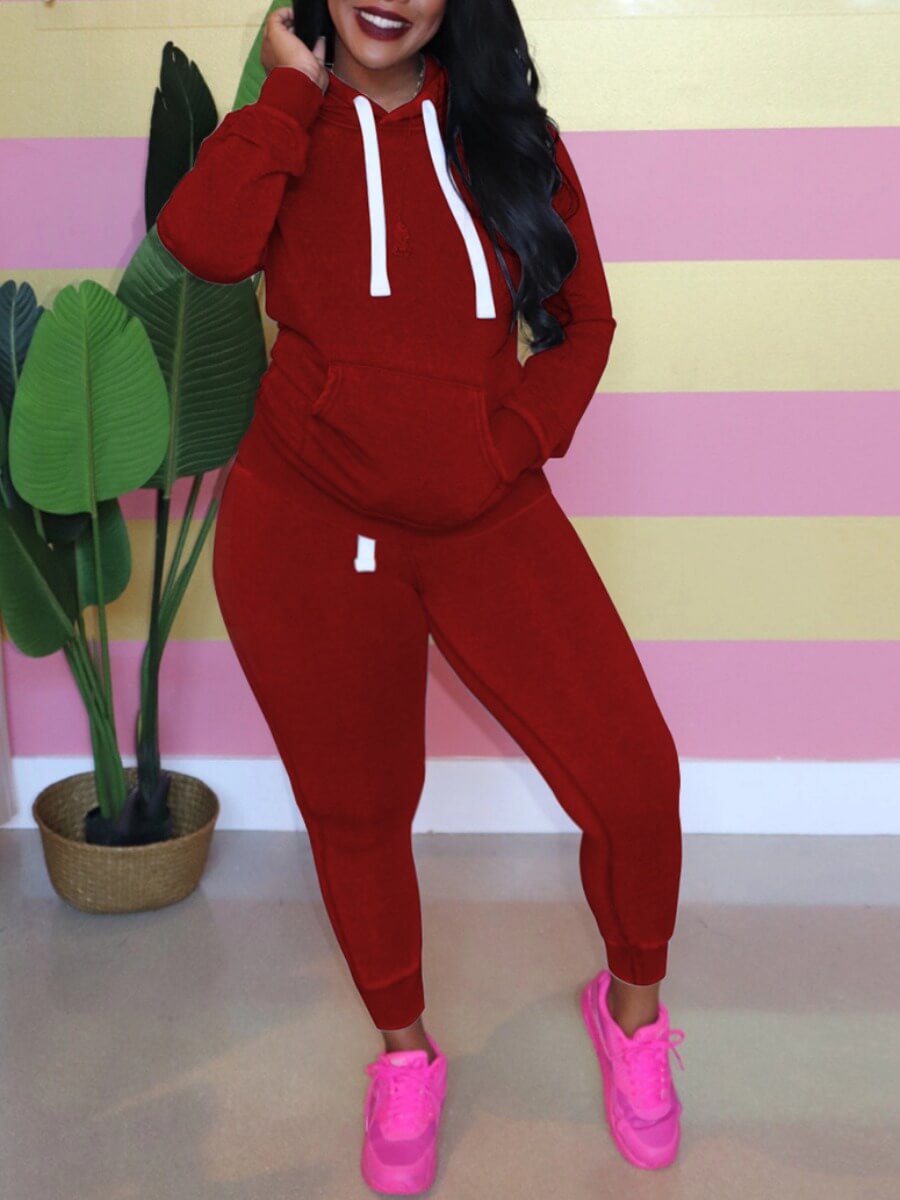 

Lovely Casual Hooded Collar Kangaroo Pocket Wine Red Plus Size Two-piece Pants Set