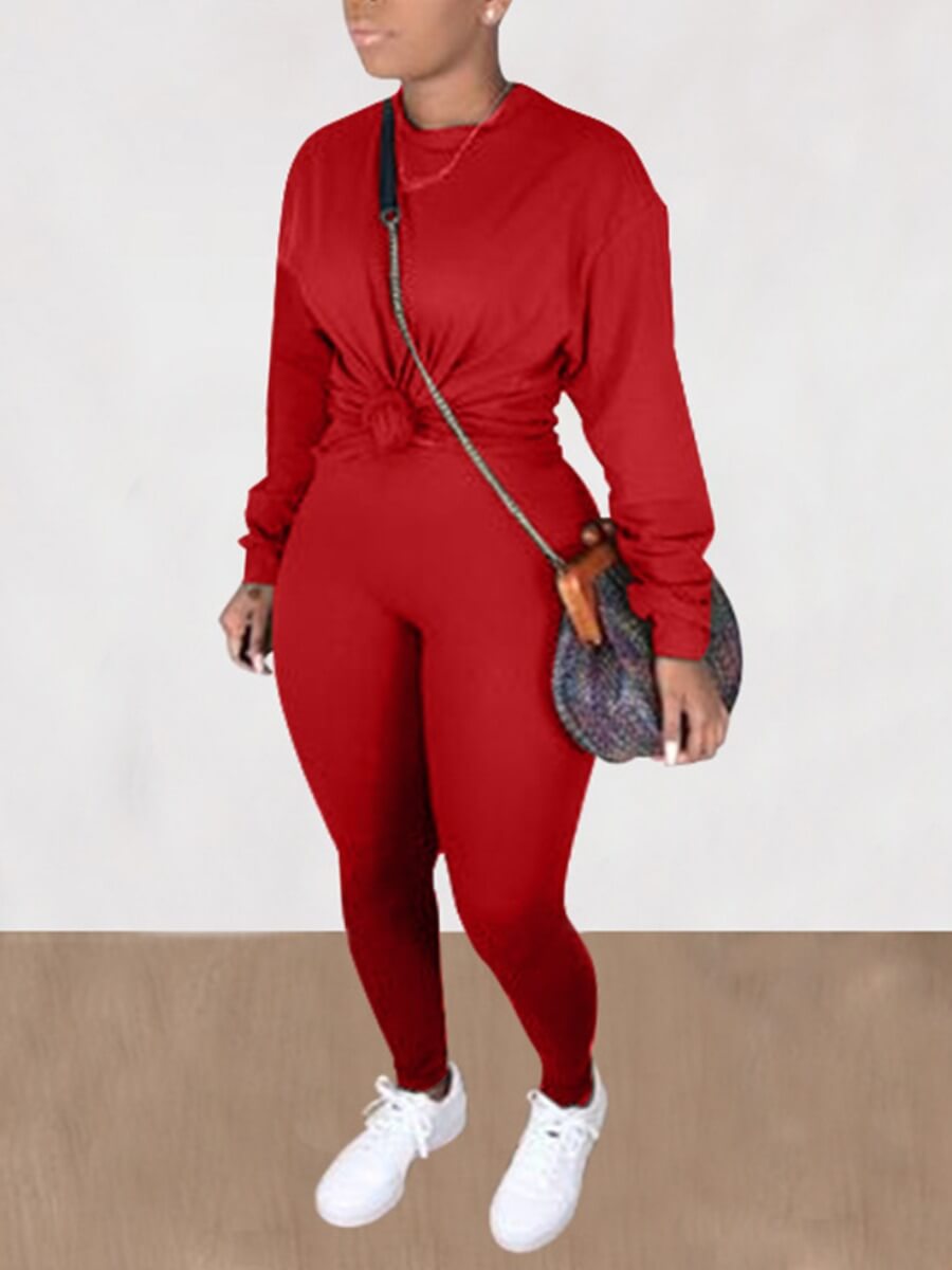 

Lovely Casual O Neck Basic Red Plus Size Two-piece Pants Set(Without Bag