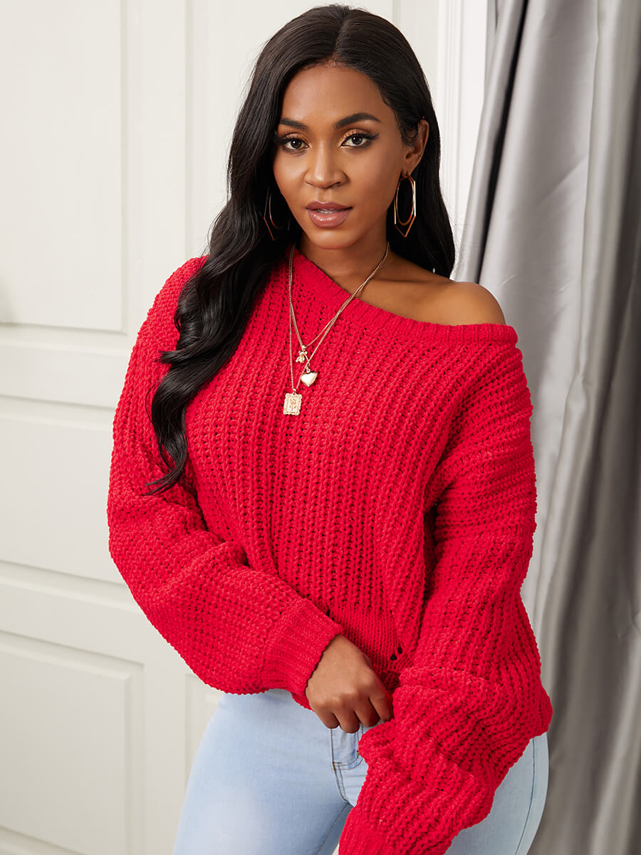 

Lovely Trendy O Neck Loose Red Sweater