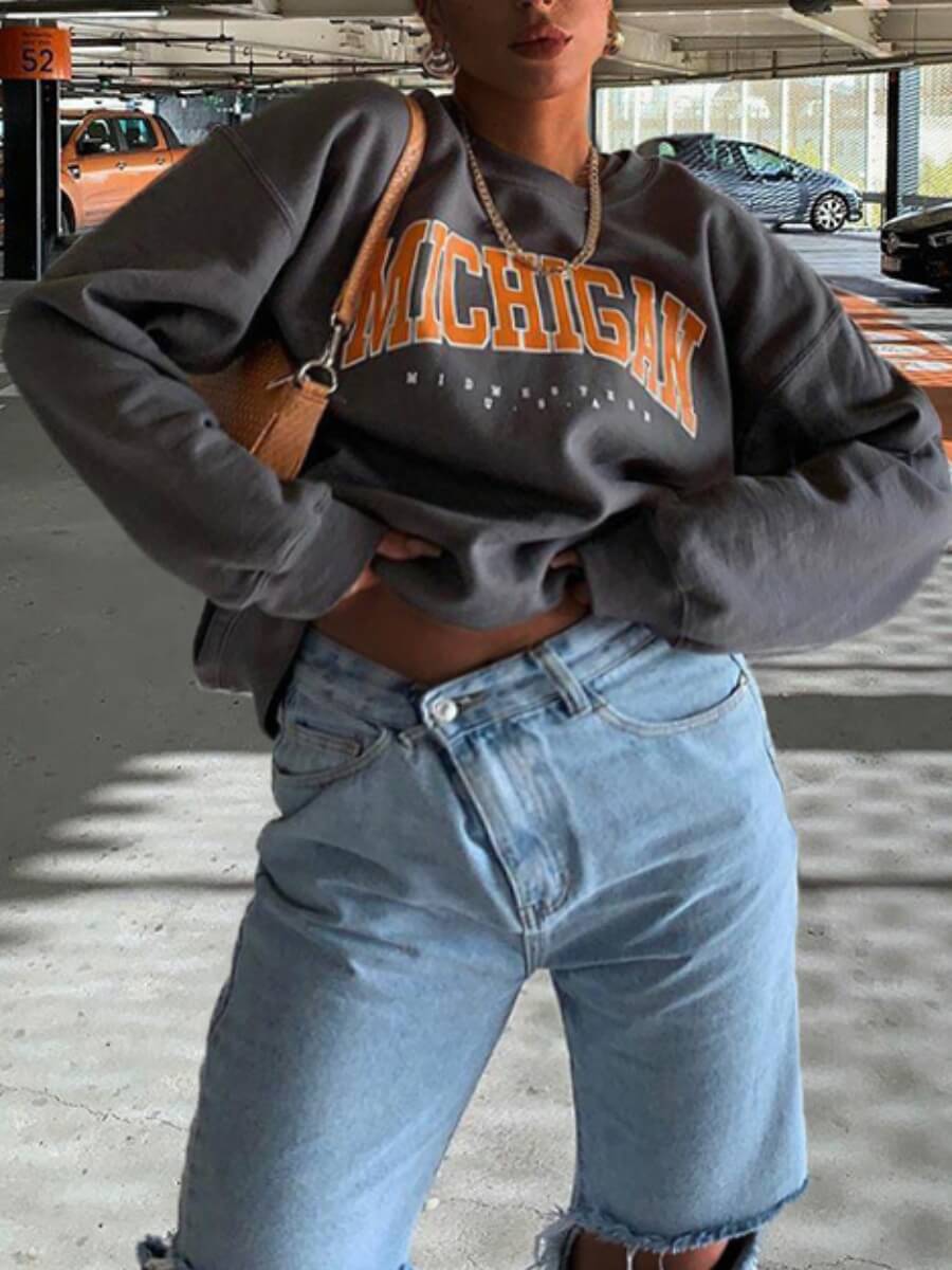 

Lovely Casual O Neck Letter Print Loose Grey Hoodie