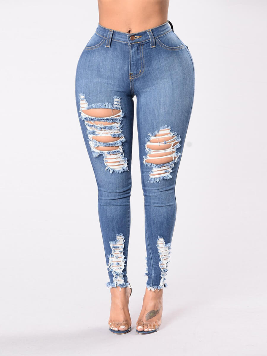 

Lovely Sexy Hollow-out Skinny Blue Plus Size Jeans
