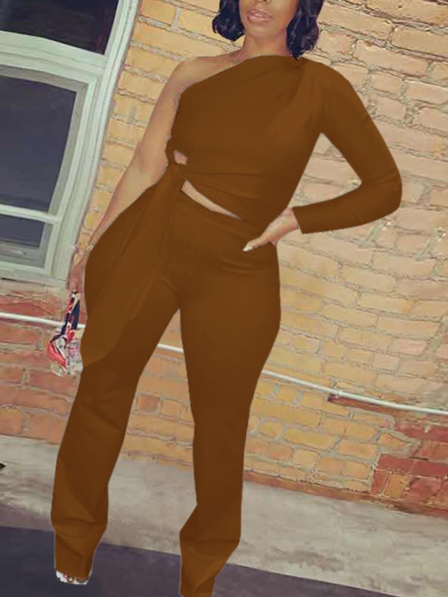 

Lovely Trendy One Shoulder Knot Design Brown Two Piece Pants Set