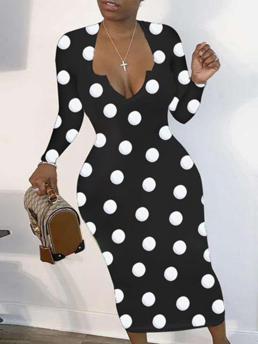 

Lovely Stylish V Neck Dot Print Black Ankle Length Dress