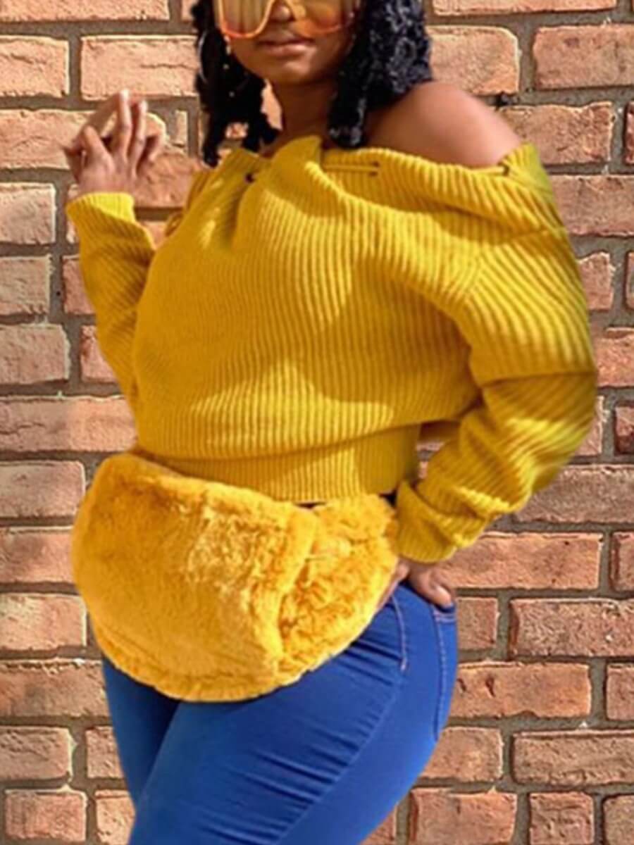 

Lovely Street Off The Shoulder Drawstring Design Yellow Sweater