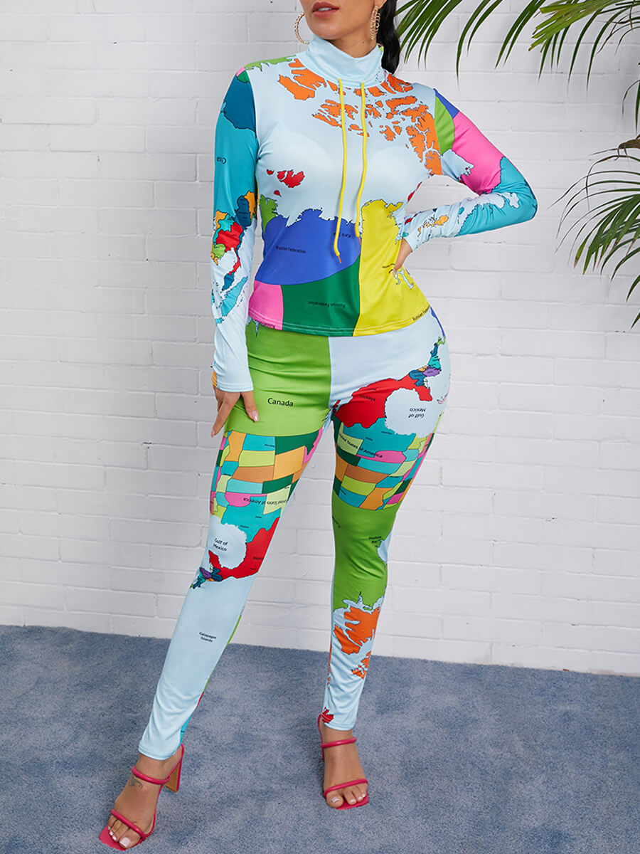 

LW Street Turtleneck Print Blue Two Piece Pants Set
