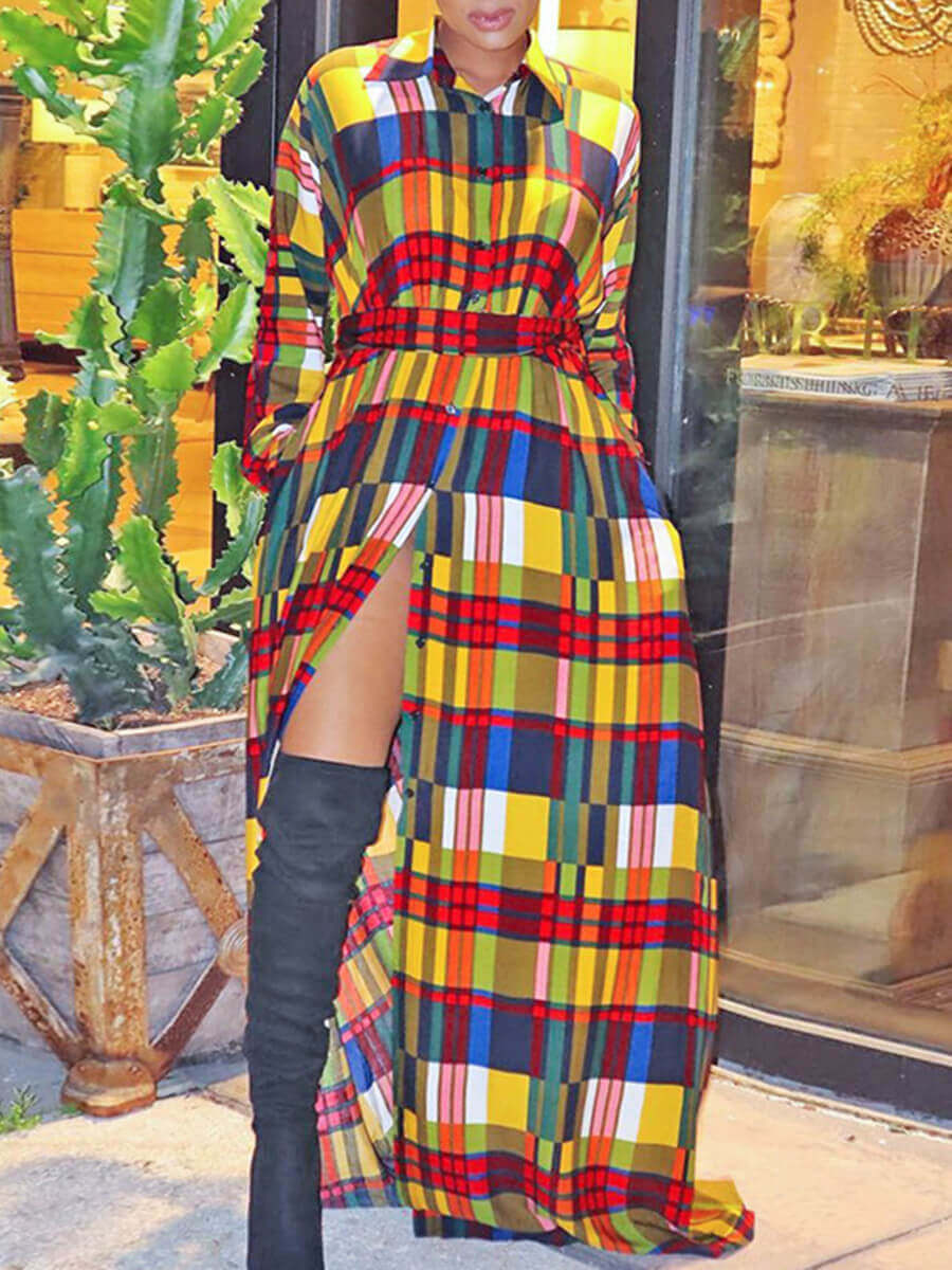 

Lovely Trendy Turndown Collar Grid Print Multicolor Trench Coat, Multi