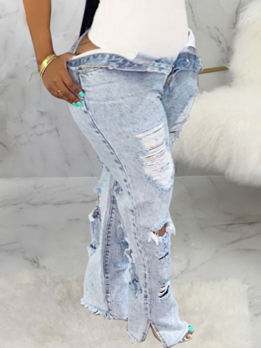 

Lovely Stylish Broken Holes Baby Blue Plus Size Jeans
