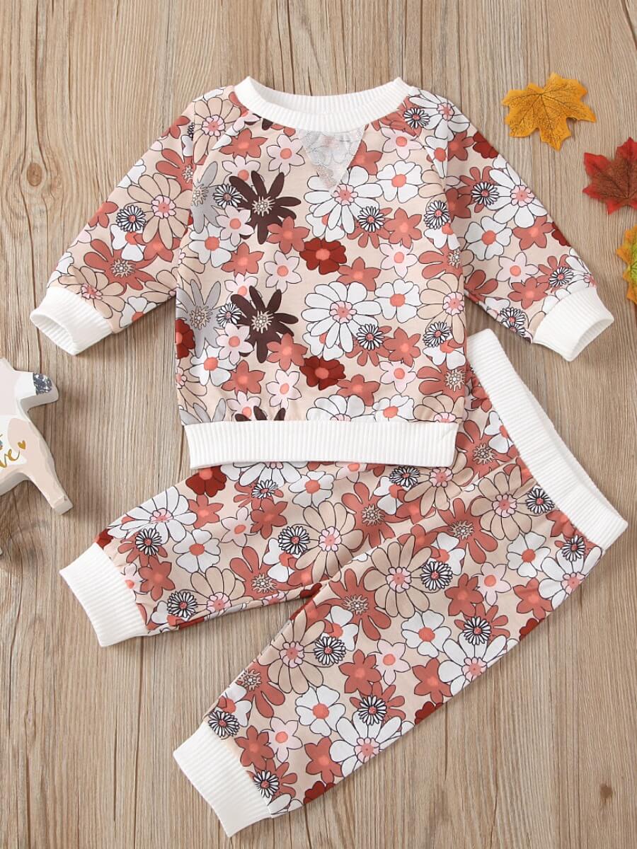 

Lovely Sweet O Neck Floral Print White Girl Two-piece Pants Set