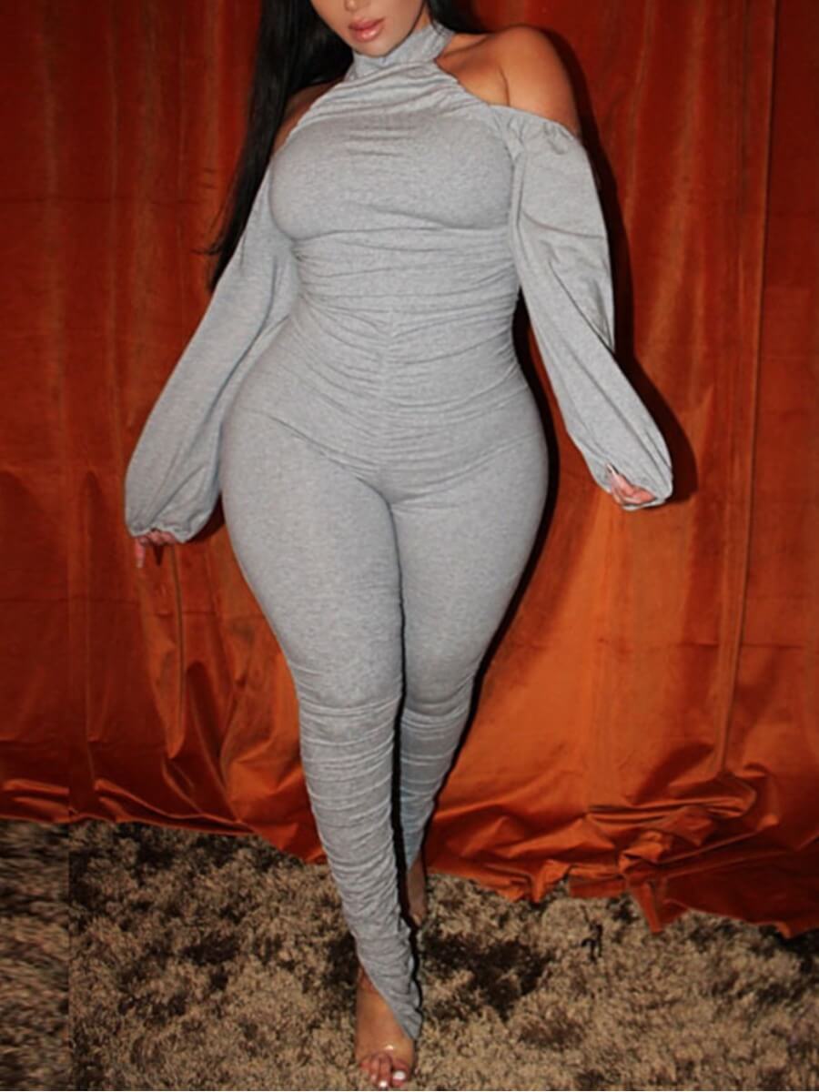 

Lovely Casual Cold Shoulder Backless Grey Plus Size One-piece Jumpsuit