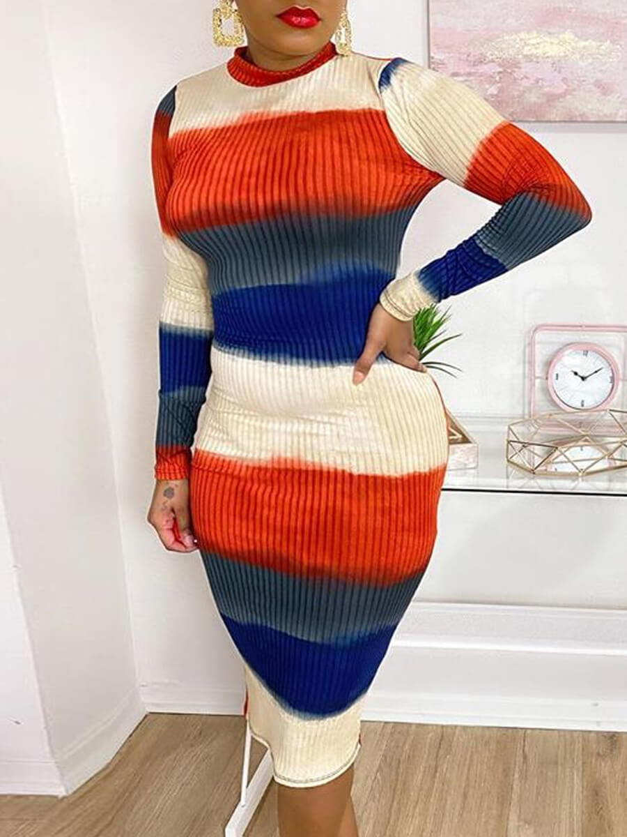 

Lovely Sweet O Neck Striped Blue Knee Length Dress