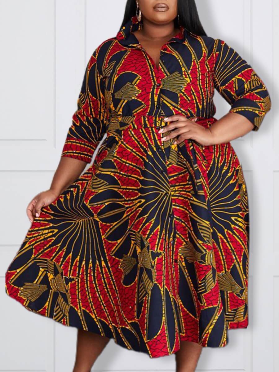

Lovely Stylish Turndown Collar Print Red Mid Calf Plus Size Dress