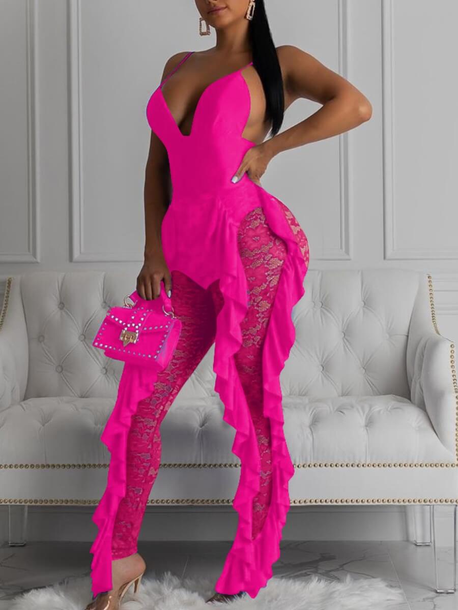 

Lovely Sexy Flounce Design Backless Rose Red One-piece Jumpsuit