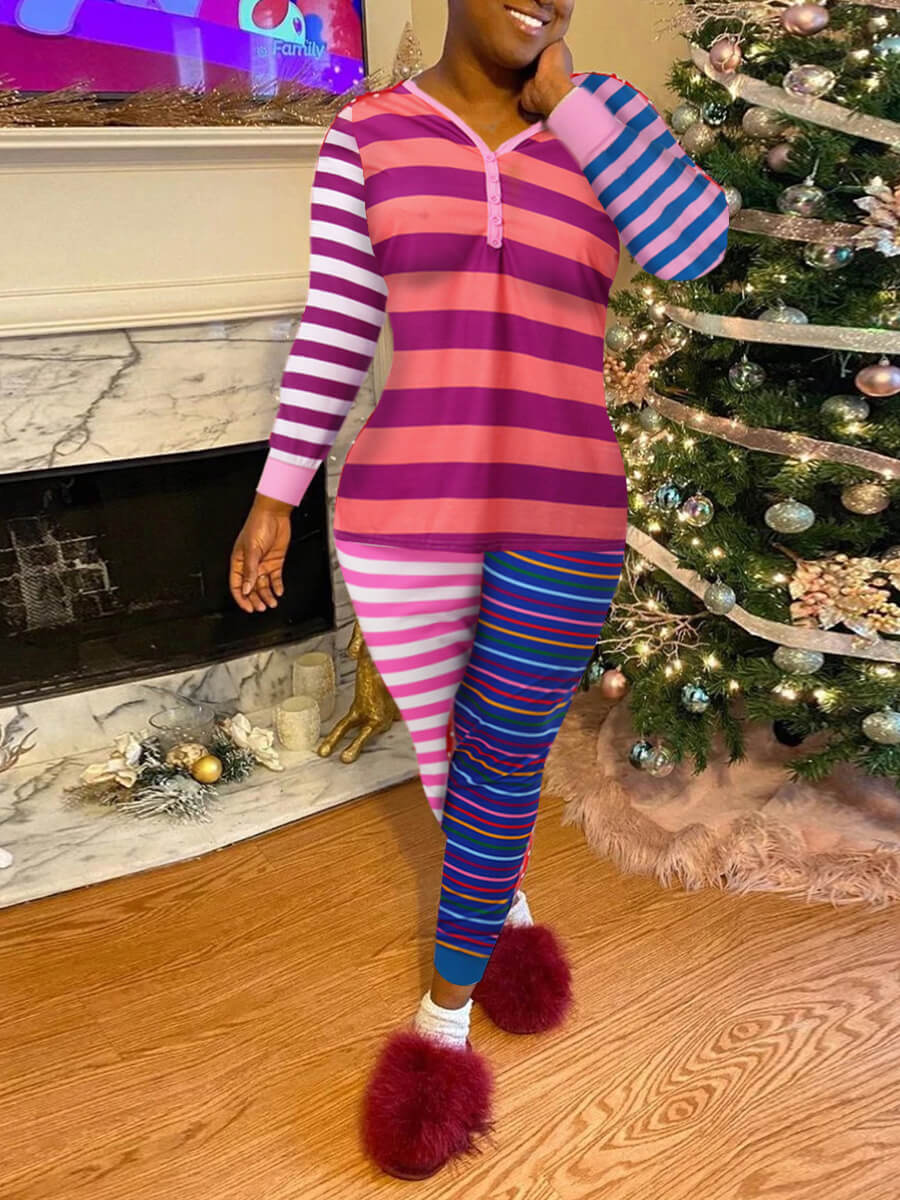 

Lovely Home Style Striped Print Multicolor Sleepwear(Two-piece, Multi