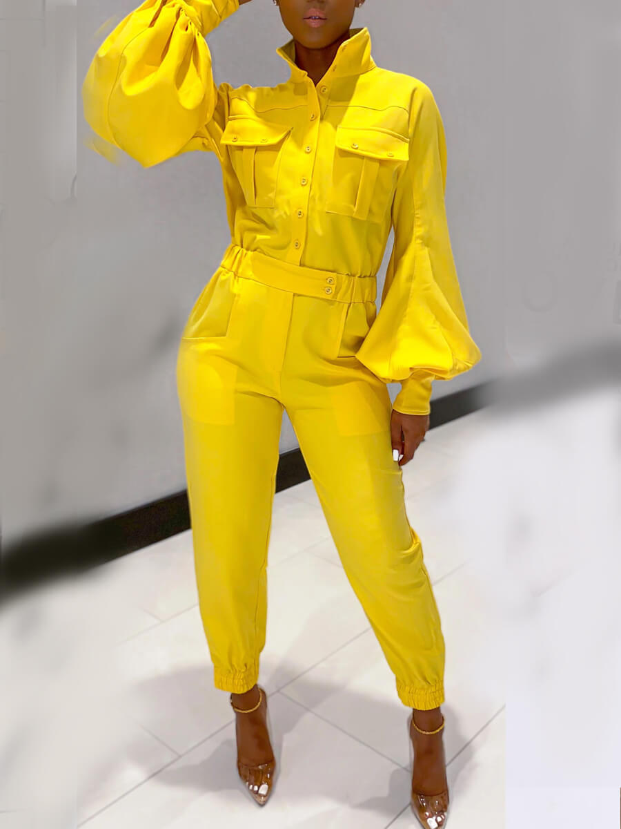 

Lovely Casual Pocket Patched Lantern Sleeve Yellow One-piece Jumpsuit