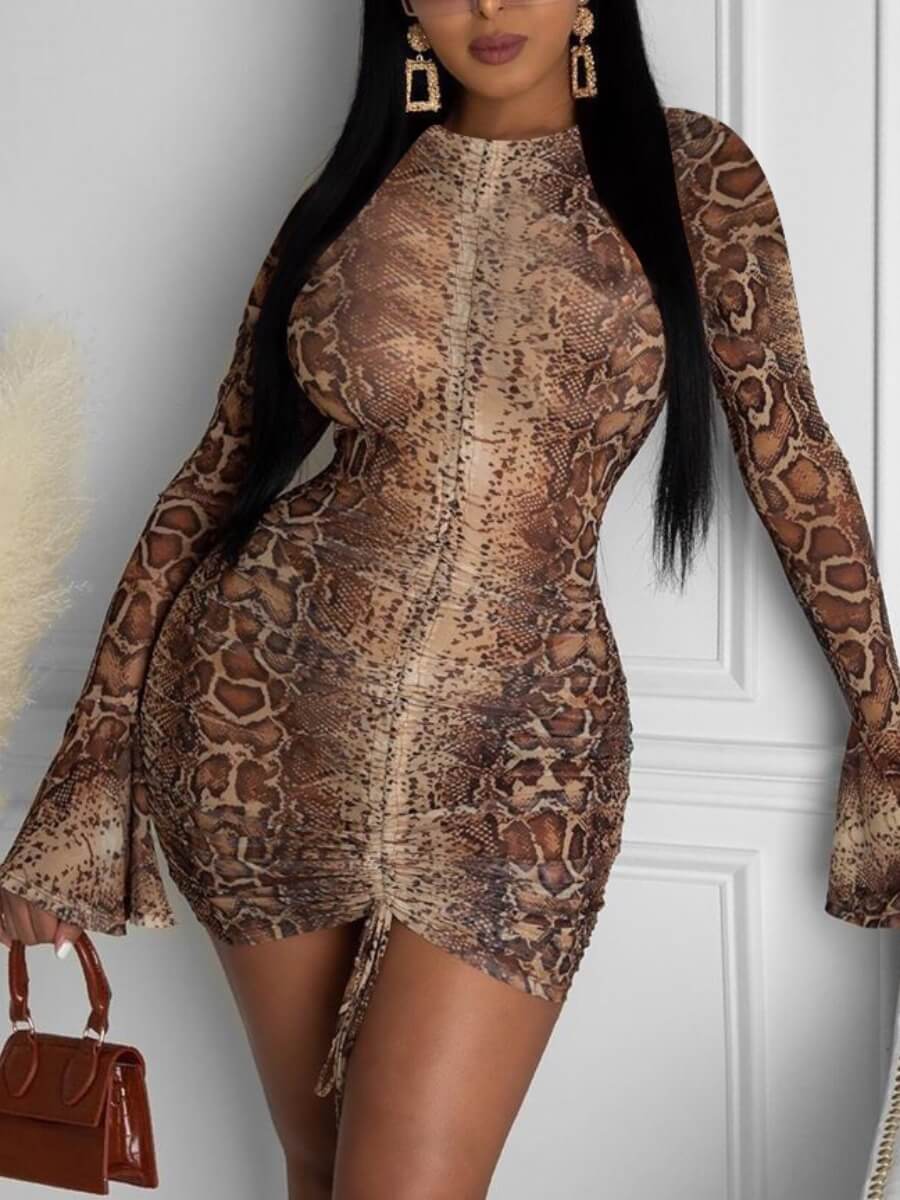 

Lovely Trendy O Neck Print Brown Mini Dress