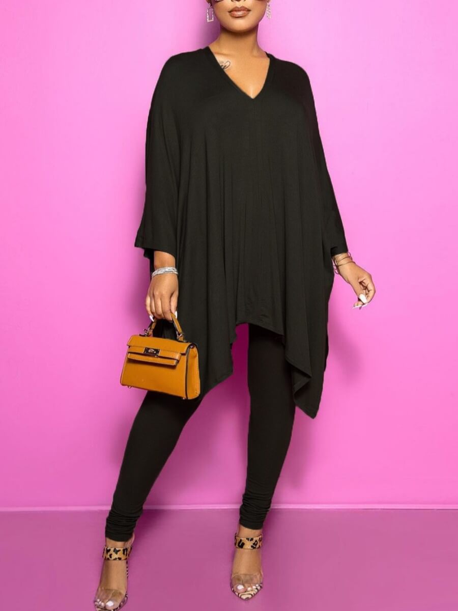 

Lovely Casual V Neck Asymmetrical Black Two Piece Pants Set