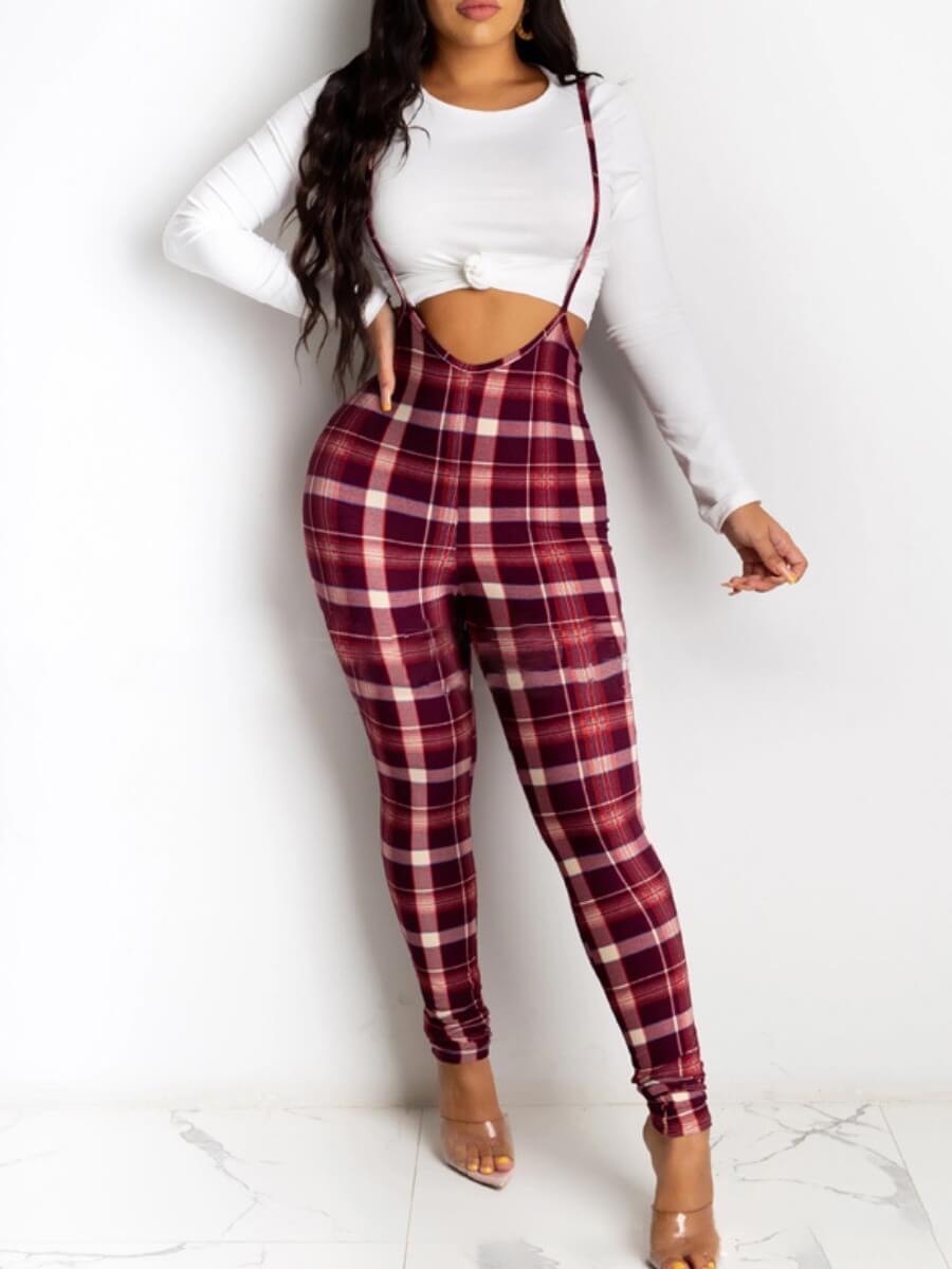 

Lovely Casual Spaghetti Strap Plaid Print Red One-piece Jumpsuit
