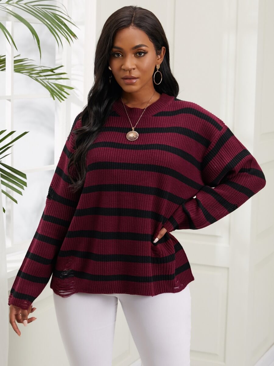 

Lovely Trendy O Neck Striped Loose Red Sweater, Red stripe
