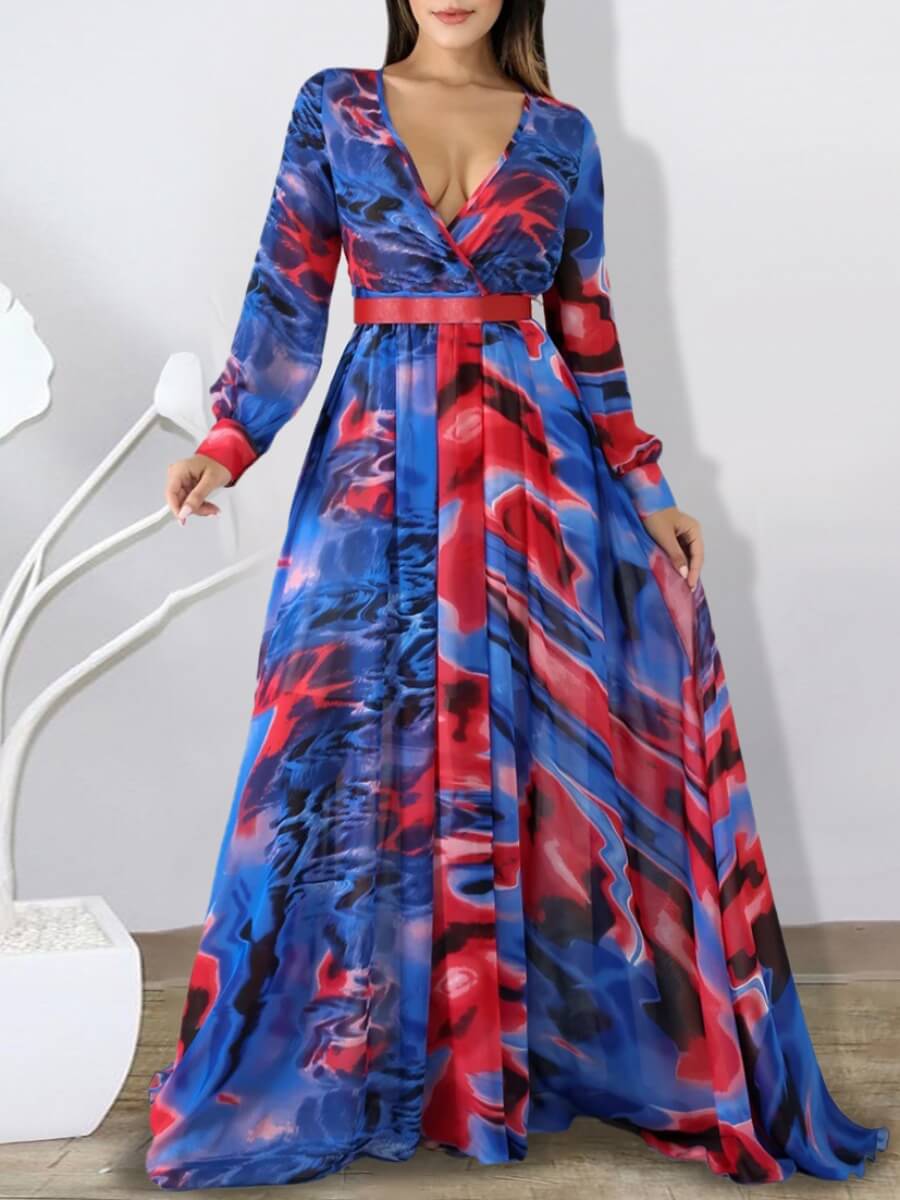 

Lovely Trendy V Neck Tie-dye Blue Maxi Dress