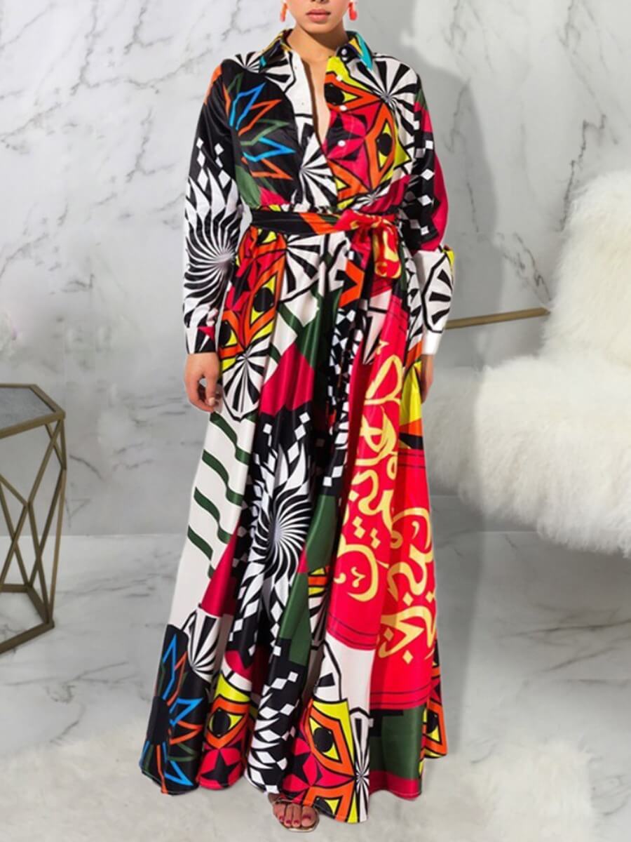 

Lovely Trendy Turndown Collar Print Red Maxi Dress
