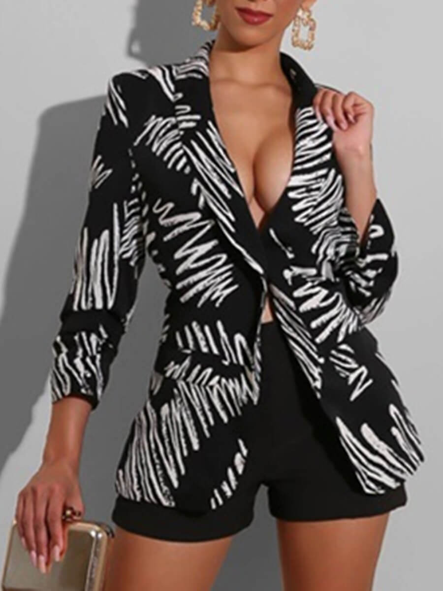 

Lovely Trendy Turndown Collar Striped Print Black Blazer