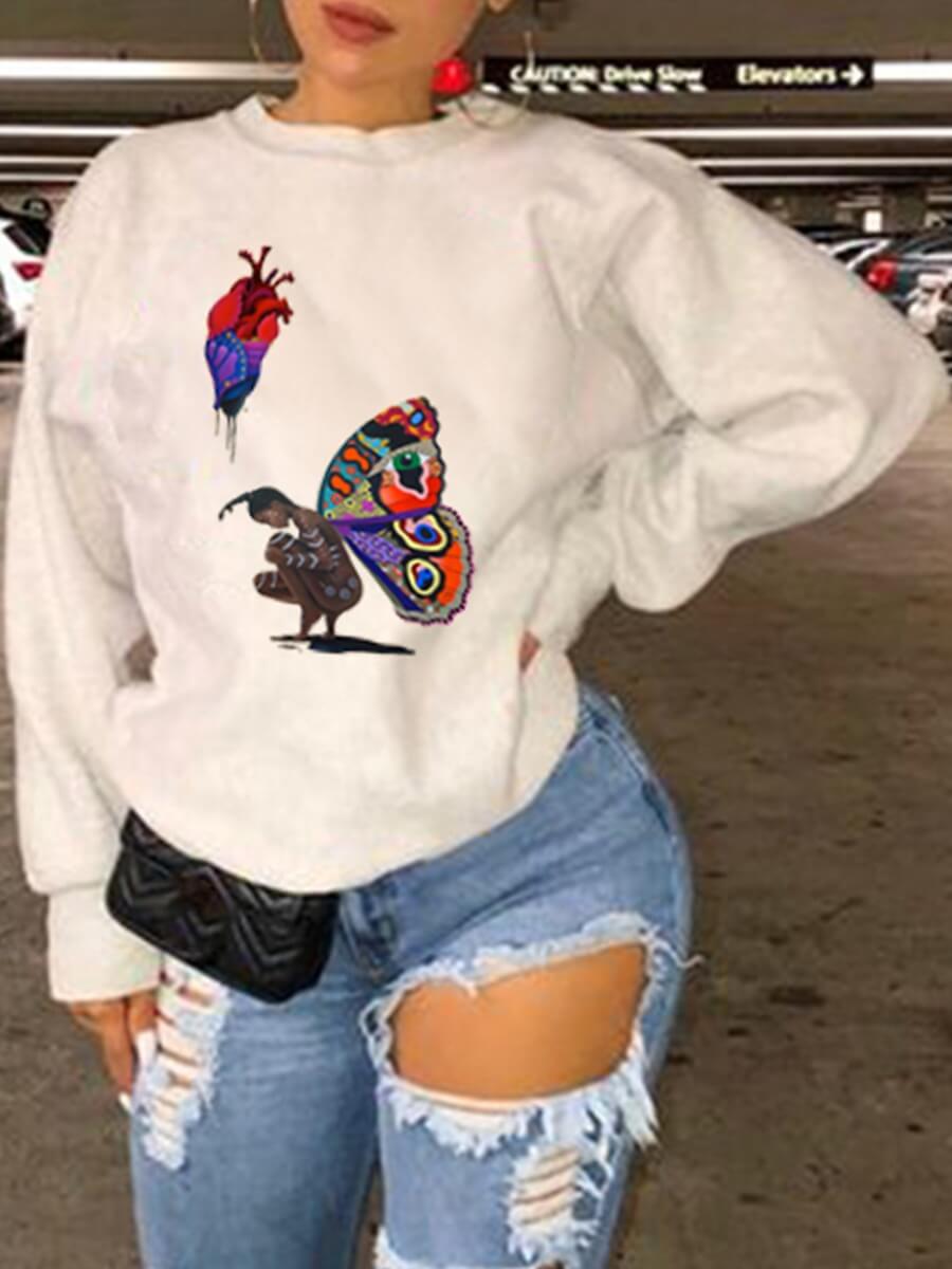 

Lovely Casual O Neck Butterfly Print White Hoodie