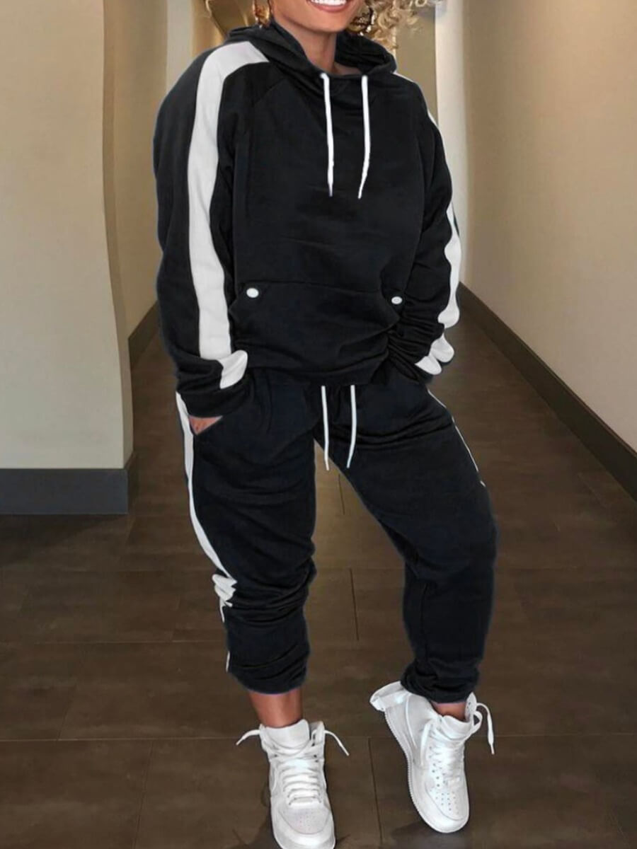 

Lovely Casual Hooded Collar Drawstring Black Plus Size Two-piece Pants Set