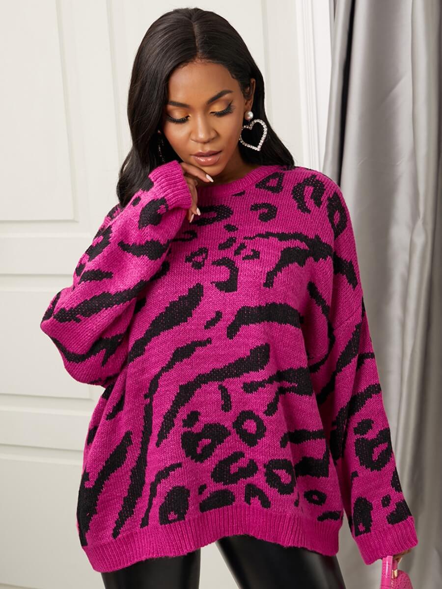 

Lovely Trendy O Neck Leopard Print Loose Sweater