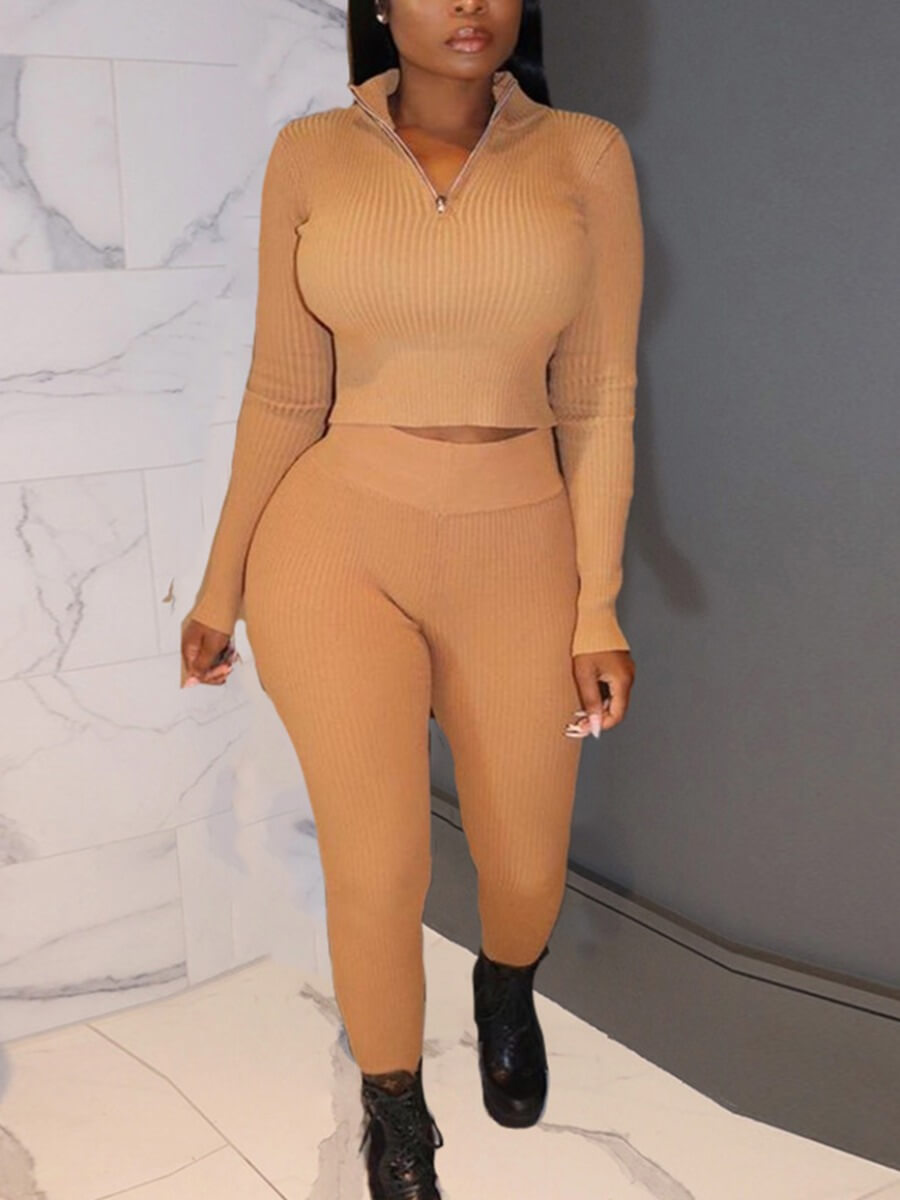 

Lovely Casual Zipper Design Khaki Two Piece Pants Set