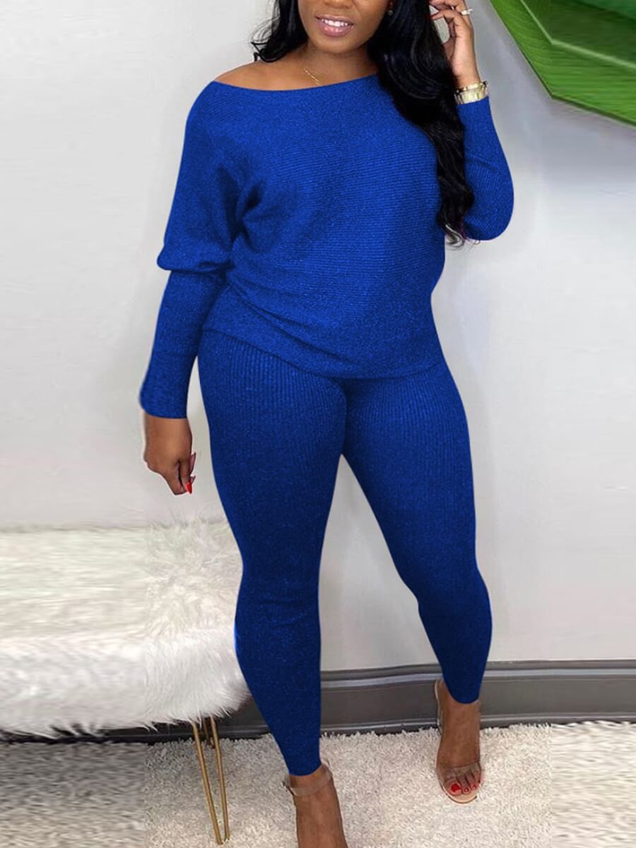 

LW BASICS Casual Boat Neck Long Sleeve Blue Two Piece Pants Set