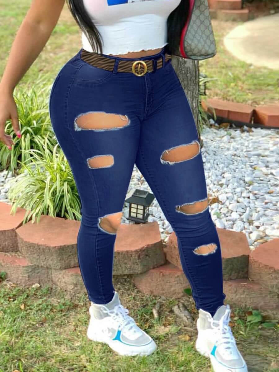 

Lovely Stylish Hollow-out Deep Blue Plus Size Jeans