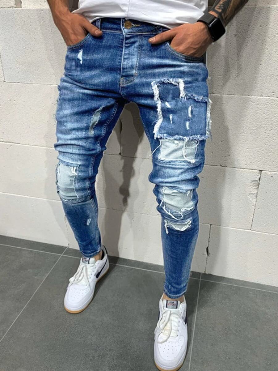 

Lovely Men Street Patchwork Bue Jeans, Blue